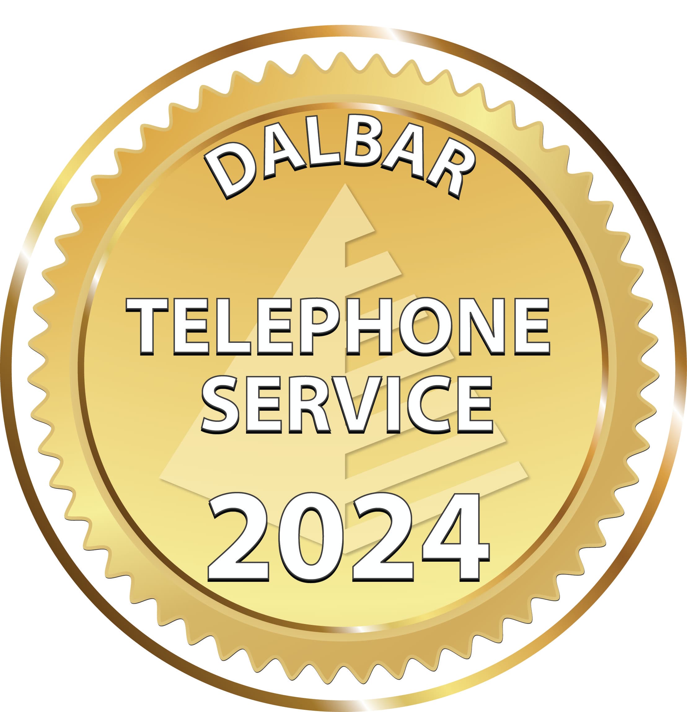 Gold circular award badge with a serrated edge reading “DALBAR TELEPHONE SERVICE 2024,” conveying excellence and recognition.