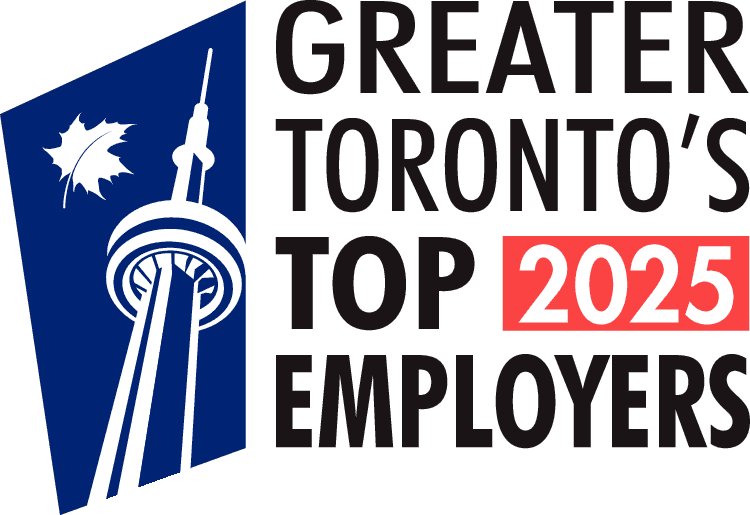 Graphic reading “Greater Toronto’s Top Employers 2025,” featuring a stylized CN Tower and white maple leaf on a blue background.