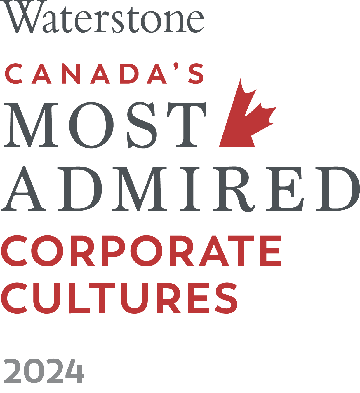 Black graphic with gray and red text: “Waterstone Canada’s Most Admired Corporate Cultures 2024,” featuring a red maple leaf.