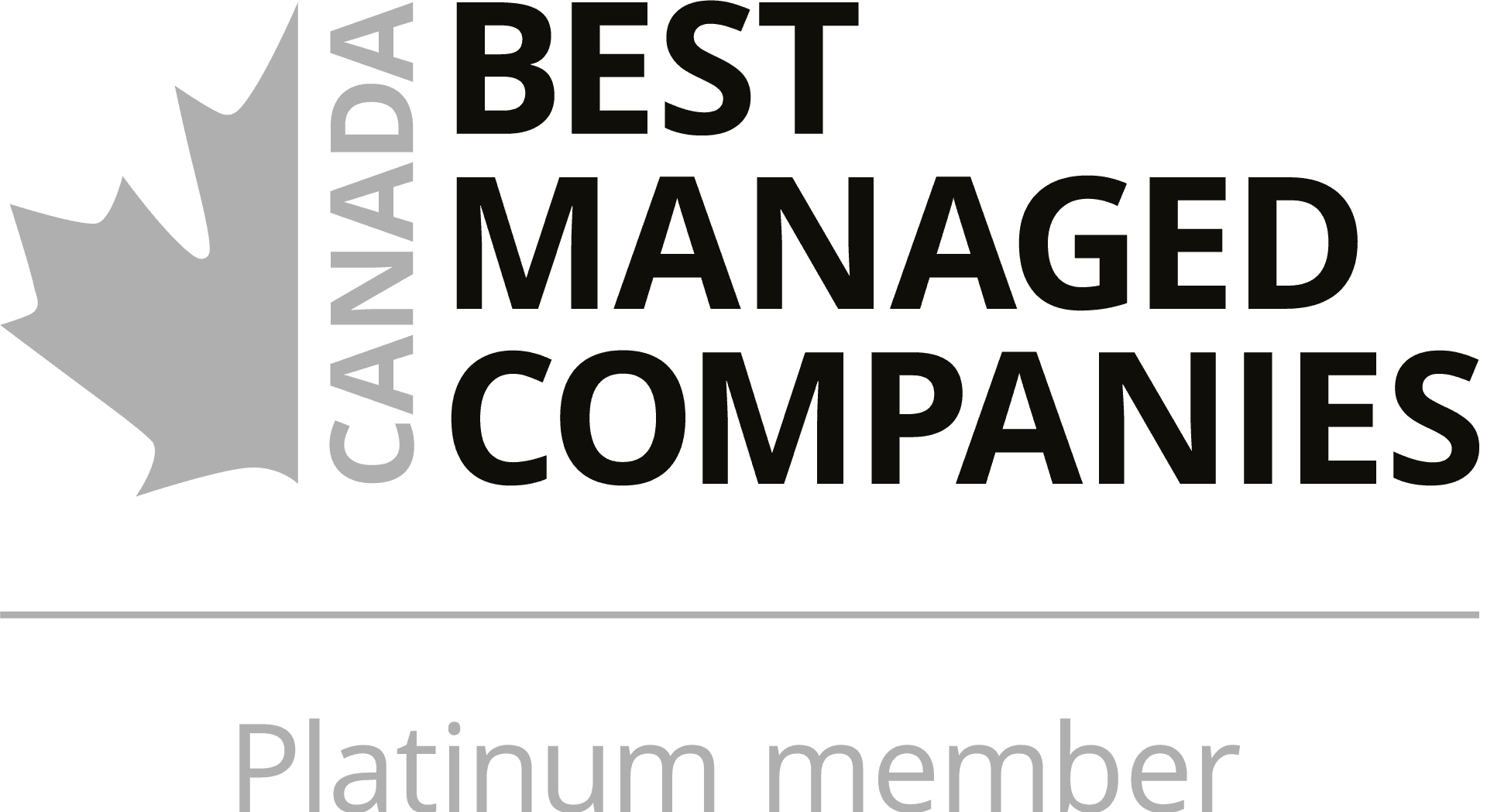Canada’s Best Managed Companies logo with a gray maple leaf, vertical “CANADA” text, “BEST MANAGED COMPANIES,” and “Platinum member.”