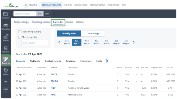 Research tab events calendar web trading