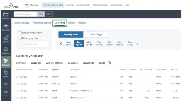 Research tab events calendar web trading