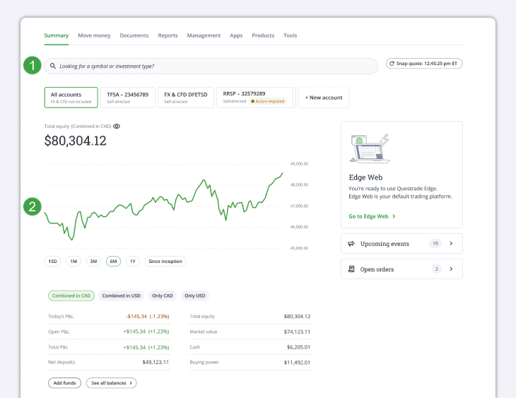 Summary of my accounts section displaying account balances and Quick links
