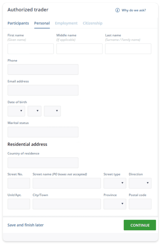snap of authorized trader personal data section on questrade website