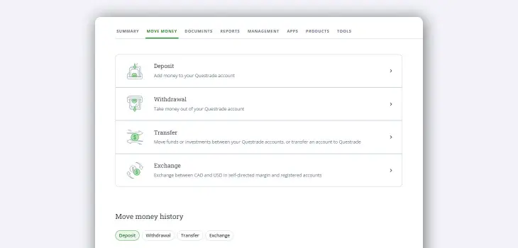 Move money menu w history