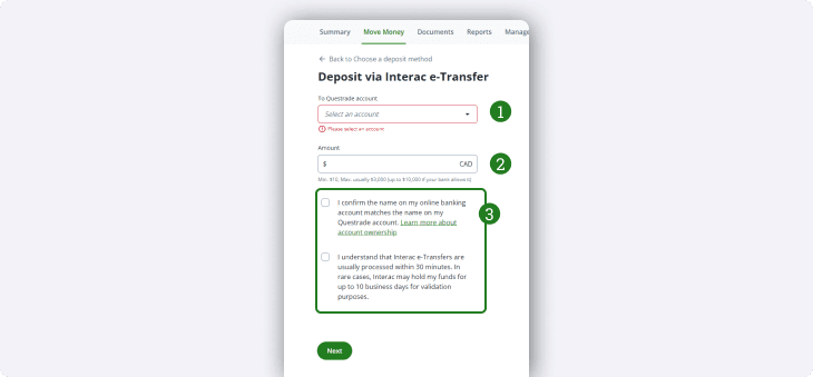 Deposit via Interac e-Transfer page