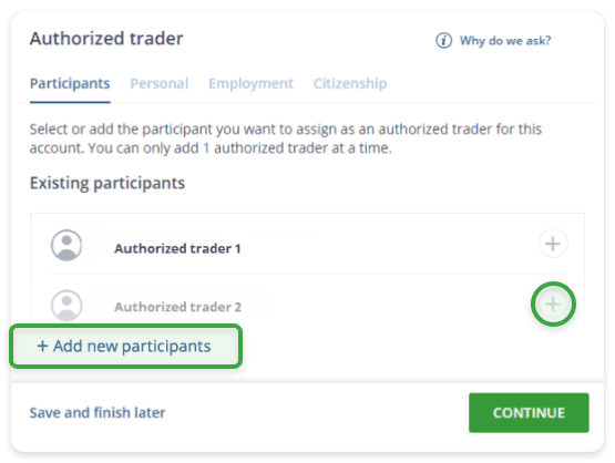 snap of add new participants section on questrade website