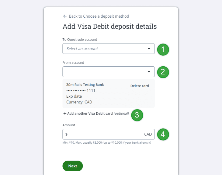 Adding visa direct enter details