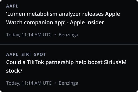 Dark screenshot showing two Benzinga alerts: an Apple Watch metabolism app and a TikTok partnership that could boost SiriusXM stock.