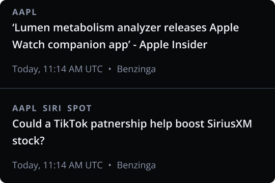 Dark screenshot showing two Benzinga alerts: an Apple Watch metabolism app and a TikTok partnership that could boost SiriusXM stock.