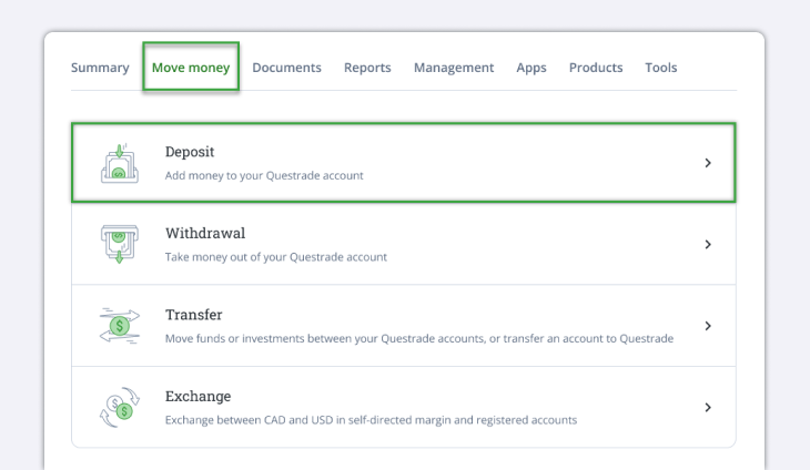 Select instant deposit navigation
