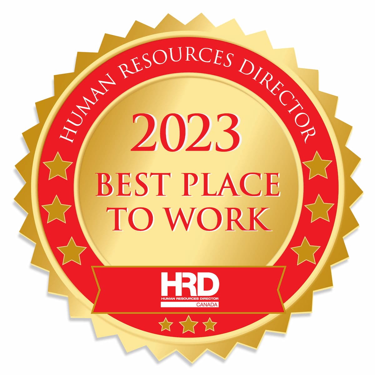 Gold-and-red award badge reading “2023 Best Place to Work,” with stars and Human Resources Director branding, conveying pride and recognition.