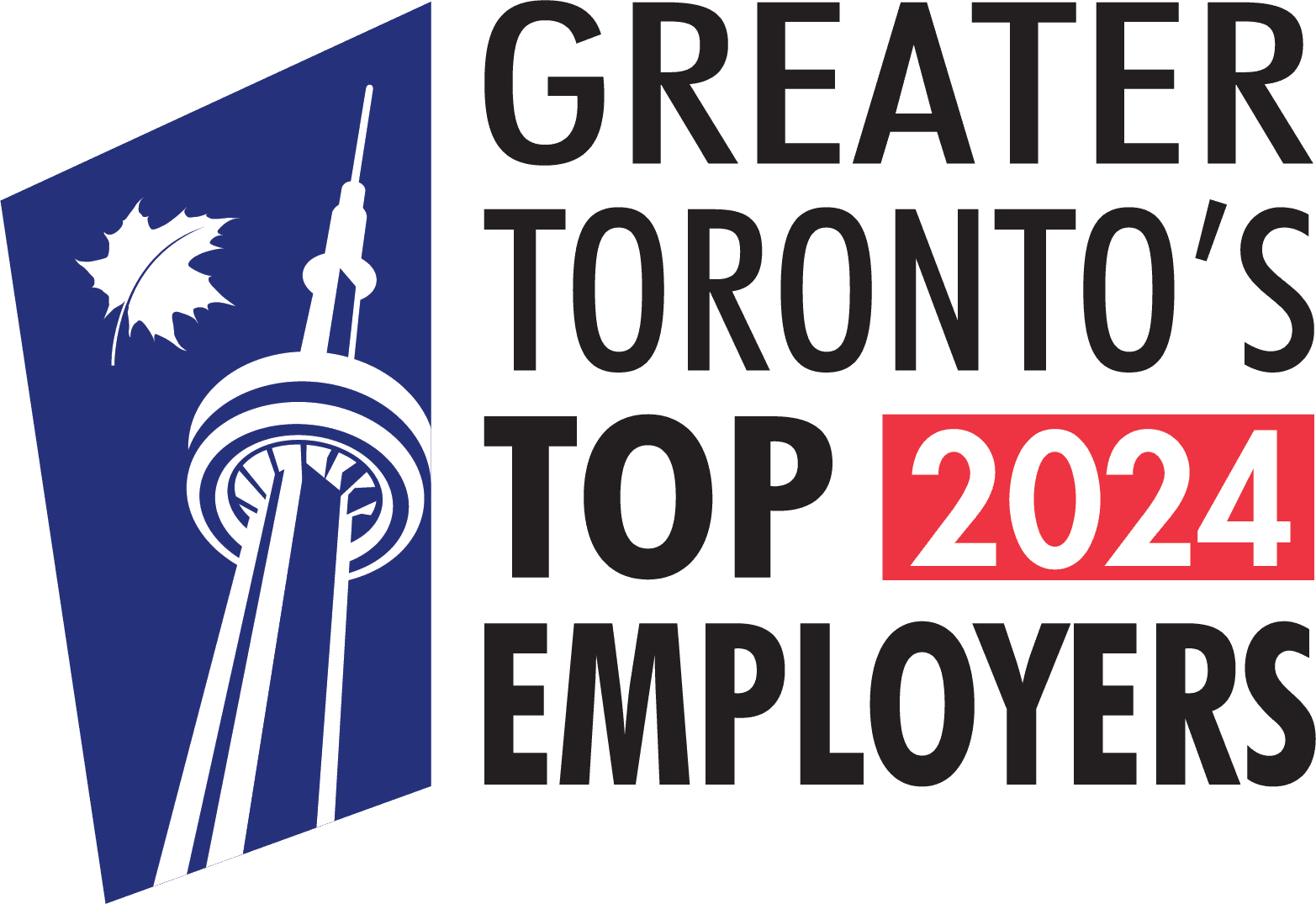 Graphic reading “Greater Toronto’s Top Employers 2025,” featuring a stylized CN Tower and white maple leaf on a blue background.