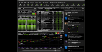 Dark-themed stock trading dashboard showing green-and-red market tables, a rising intraday candlestick chart, order controls, and a social news feed.