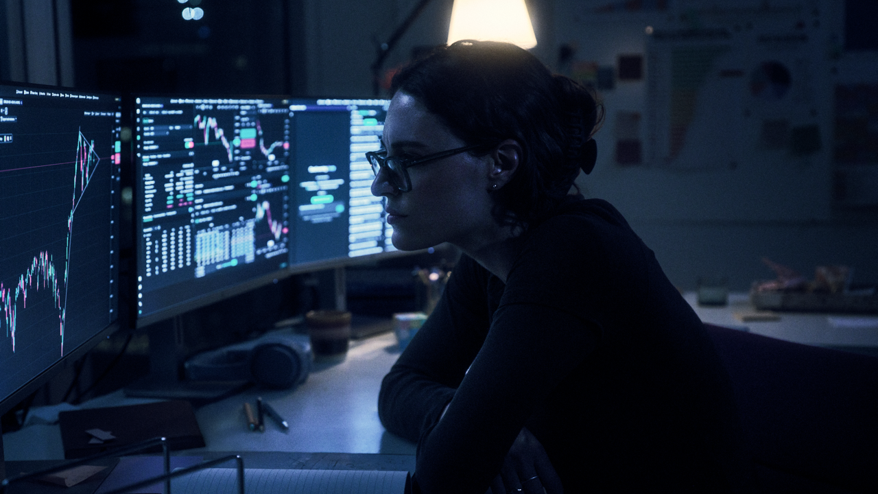 Woman in glasses studying stock charts and data on curved monitors in a dark office, seated at a desk with headphones and a pen, lit mainly by screen glow and a desk lamp.