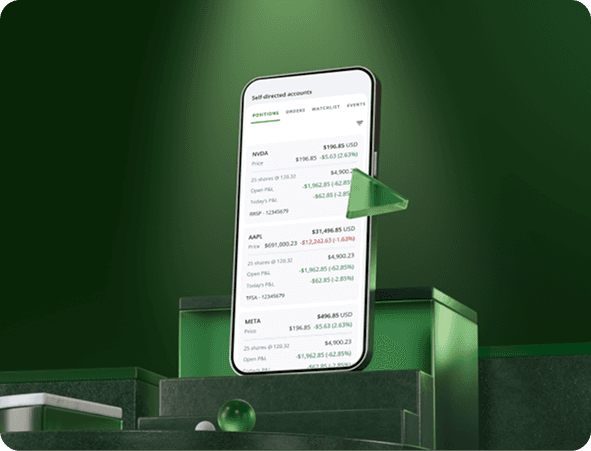 A smartphone displays a stock trading app interface with NVDA, AAPL, and META holdings on a tiered green platform with a floating green triangle icon.