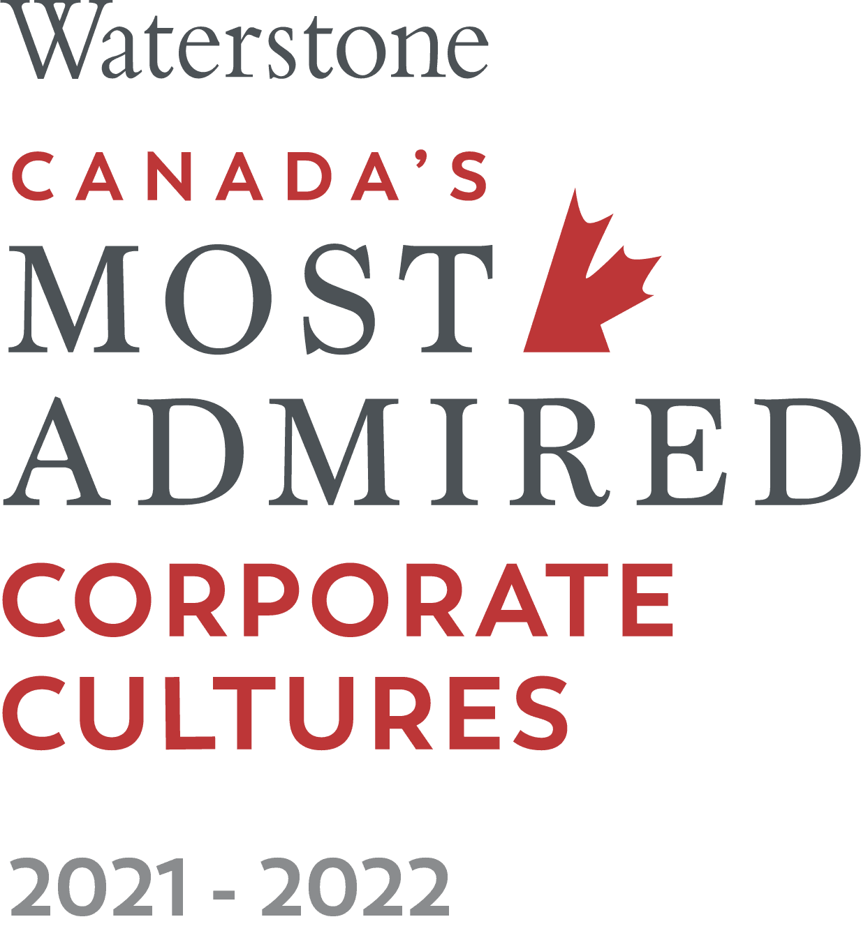 Black graphic with gray and red text: “Waterstone Canada’s Most Admired Corporate Cultures 2024,” featuring a red maple leaf.