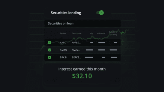 Dark fintech dashboard showing securities lending, stocks on loan, a green performance chart, and monthly interest earned of $32.10.
