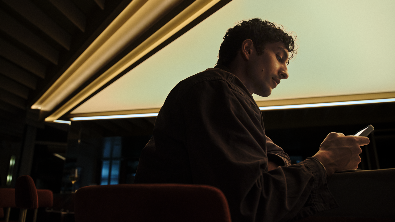 Man with curly hair sitting at a bar counter looking down at his phone, silhouetted against illuminated ceiling beams in a dimly lit venue.