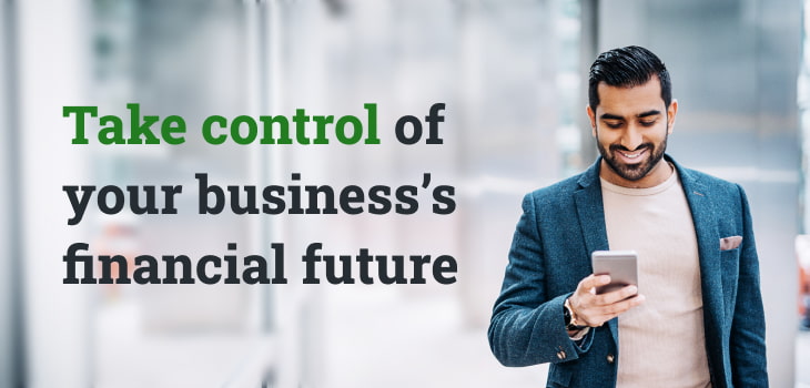 man in suit smiling at phone corporate accounts banner