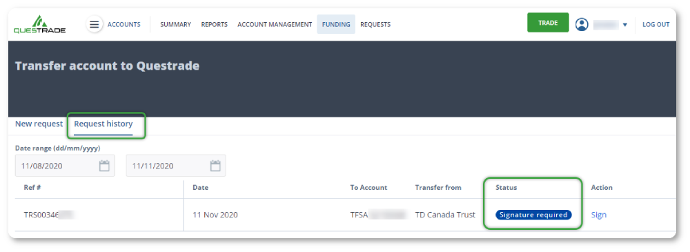 transfer history tab
