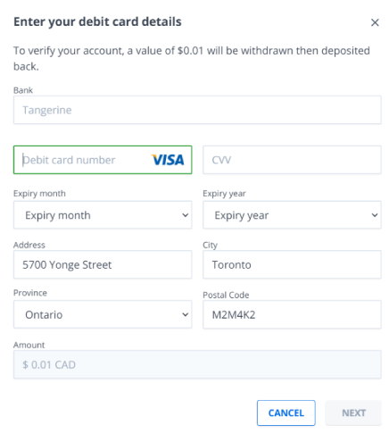 enter debit card details