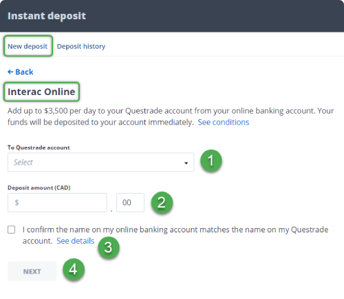 interac online deposit account and amount
