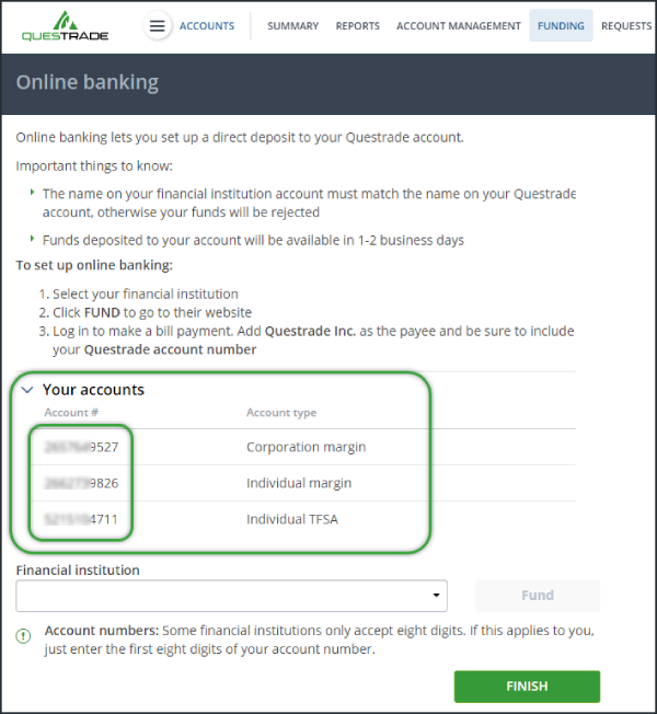 select destination account funding