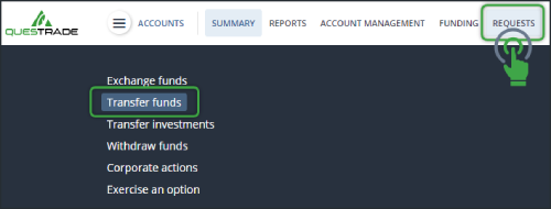 Navigate to requests top navigation click transfer funds