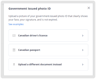 snap of government issued photo id upload section on questrade website
