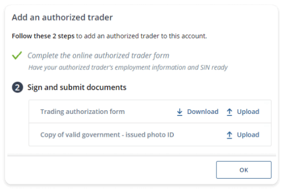 snap of adding authorized trader section on questrade website