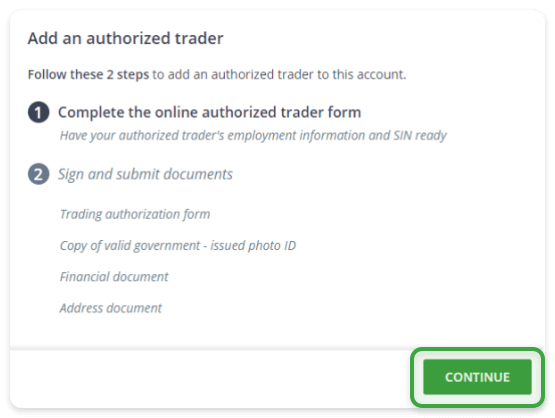 snap of add authorized trader section on questrade website