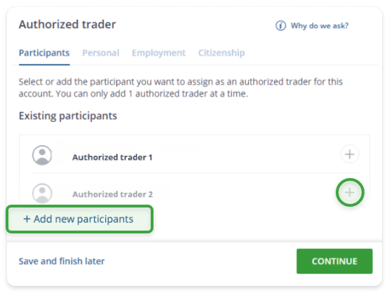 snap of add new participants section on questrade website
