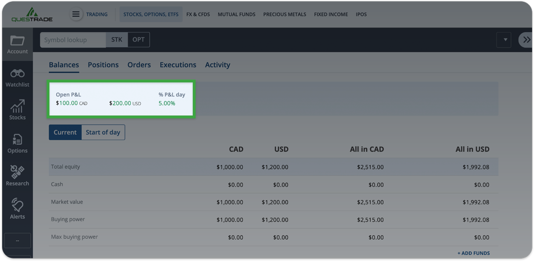 Edge web balances Open and Day Profit and Loss