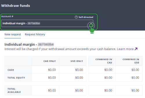 Withdraw funds page, choose source account