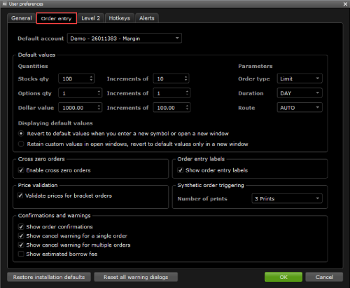 Order entry preference table