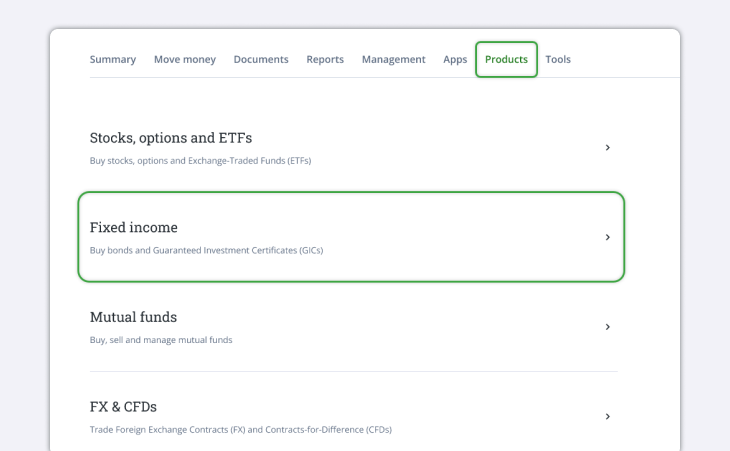 Invest products fixed income top navigation