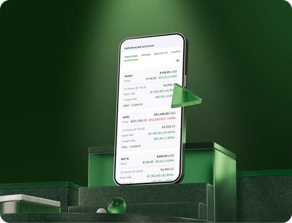 The Questrade trading platform interface showing stock positions on a mobile device.