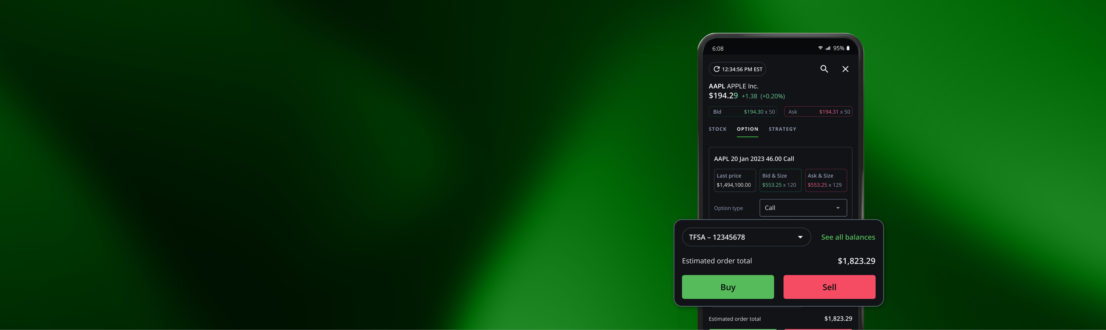 The Questrade trading platform interface showing stock charts on desktop and mobile screens.
