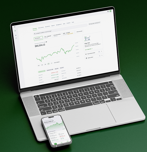 Questrade trading platform showing portfolio performance on desktop and mobile screens.