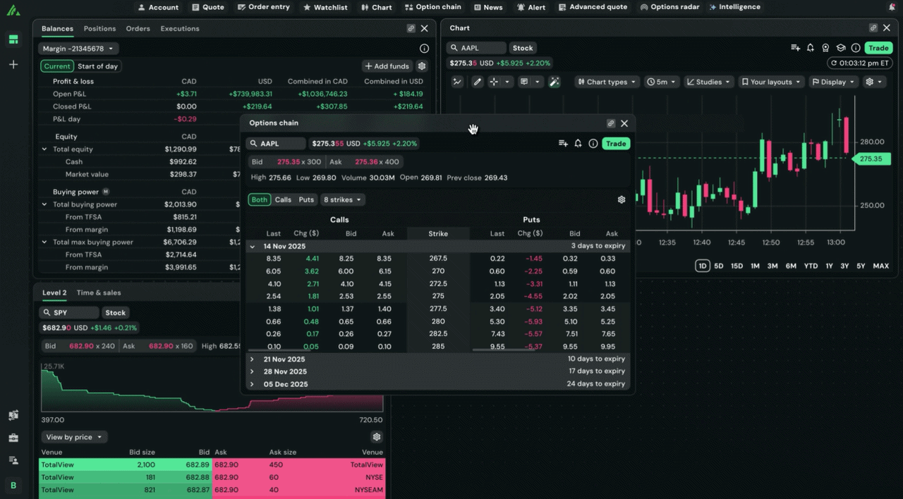 Questrade Pro customizable workspace preview