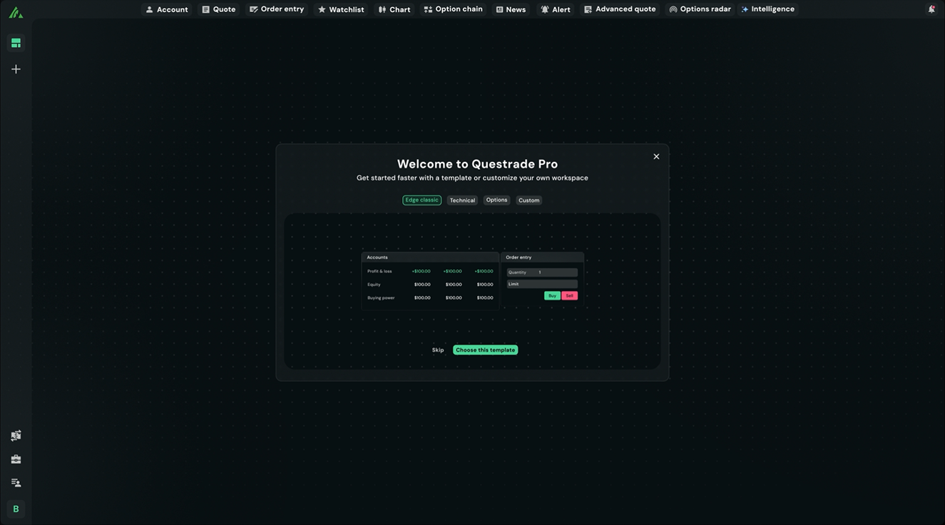 Questrade Pro customizable workspace preview